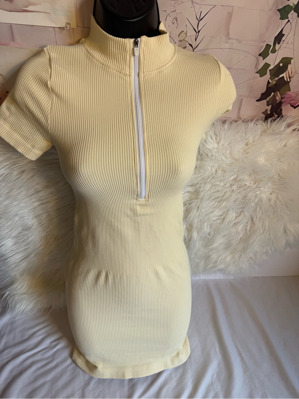 Ribbed Half-Zip Mini Dress in Cream